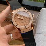 Perfect Replica Hublot Frosted Rose Gold Bezel Black Strap 45mm Watch